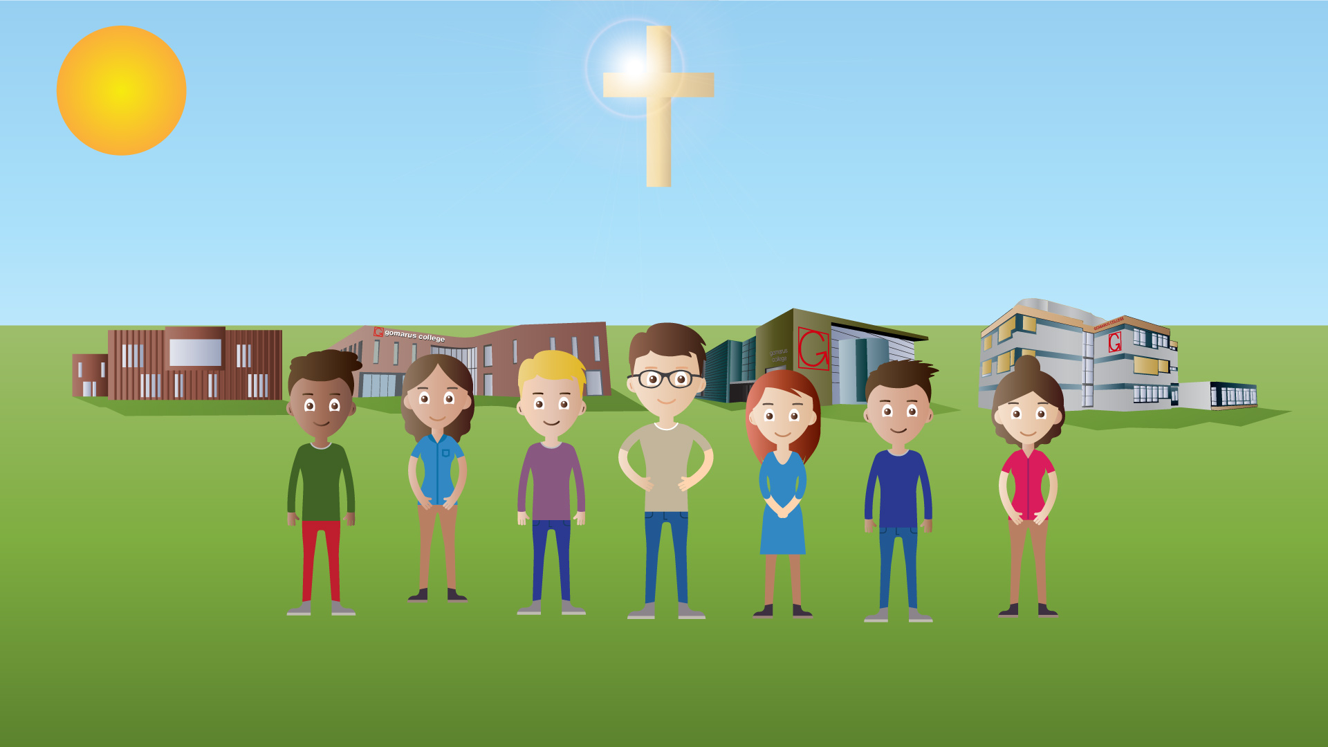 Still uit 2d vector animatie voor het Gomarus college Groningen. Door Verhulst Visuals