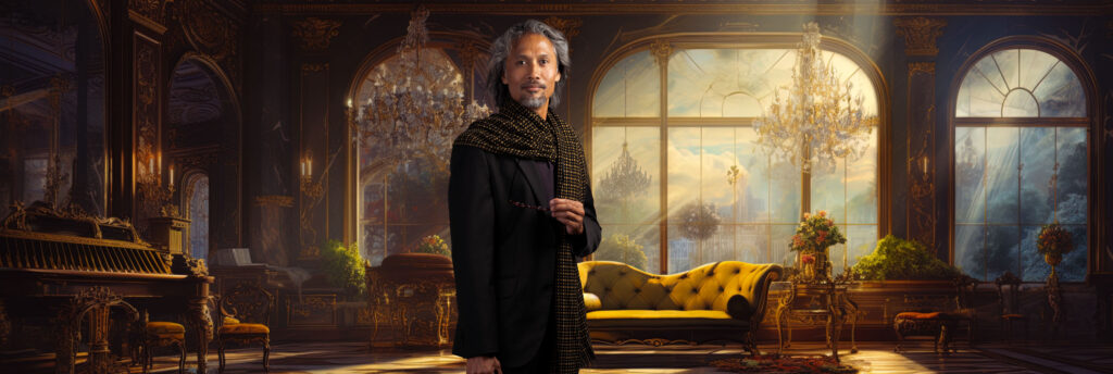 Studioportret van Marcel straube relatietherapeut met als achtergrond een klassieke barok ruimte gegenereerd in ai. Fotografie door Verhulst Visuals